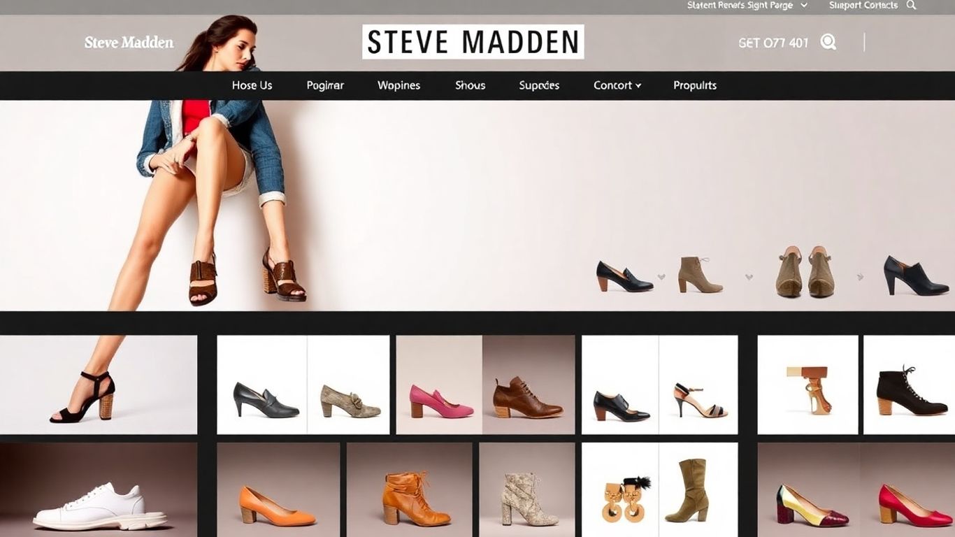 Steve Madden online store homepage with fashion models and shoes.