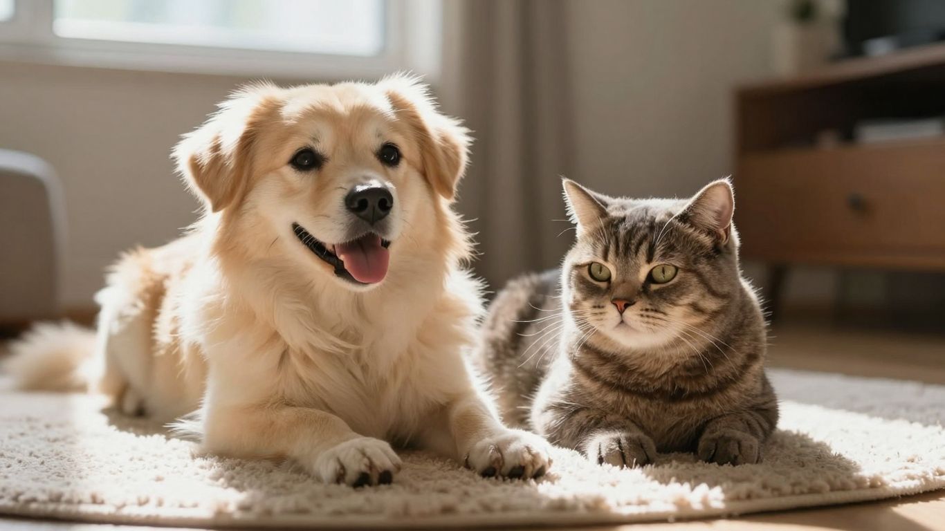 Dog and cat relaxing together on a rug.