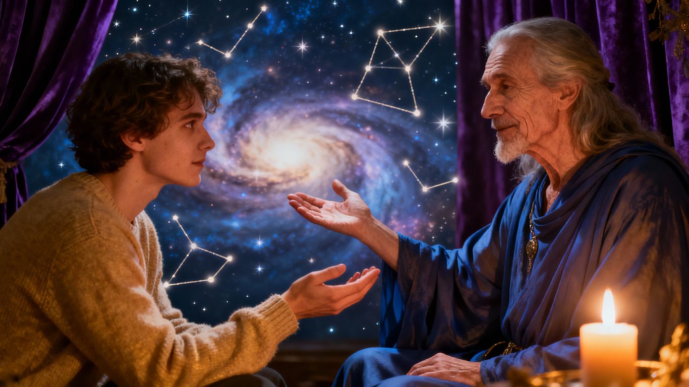 Person consulting with a wise astrologer under celestial light.