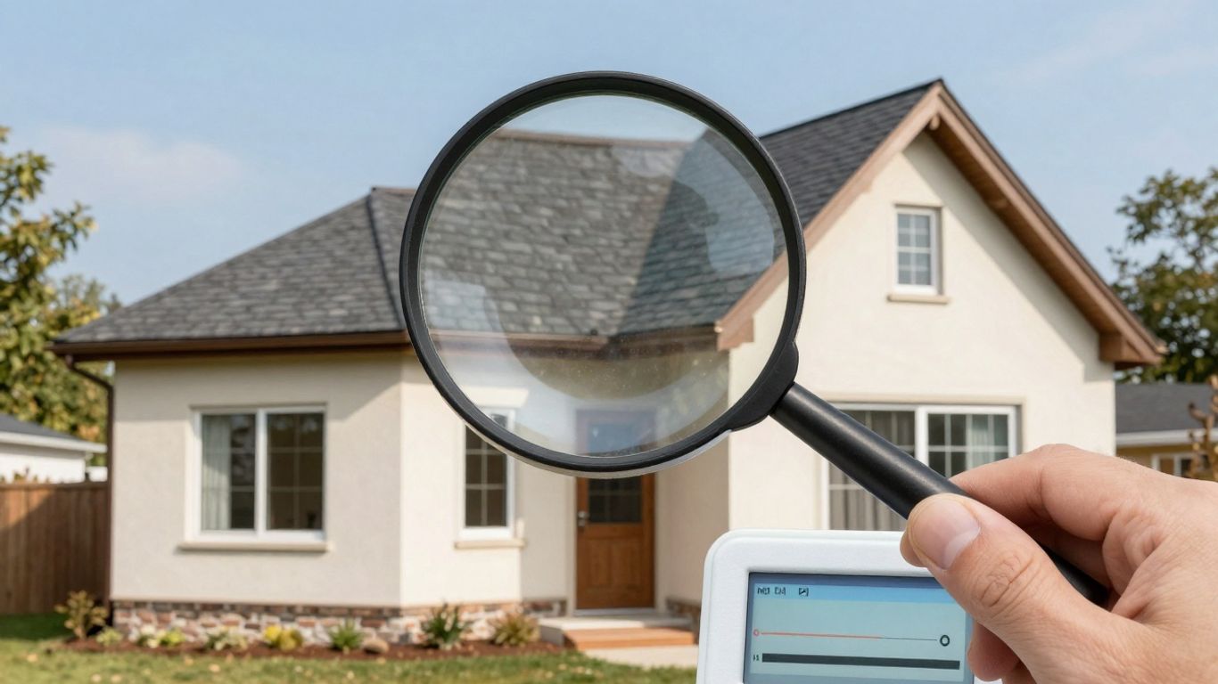 Casa con lupa y mano ajustando valor.