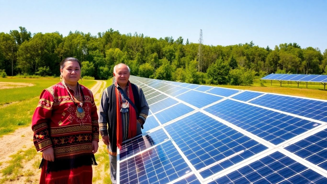 Indigenous elders near solar panels under a bright sun.
