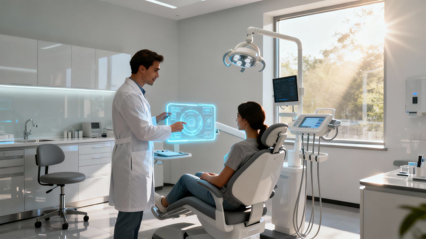 Dental office with advanced technology and patient interaction.