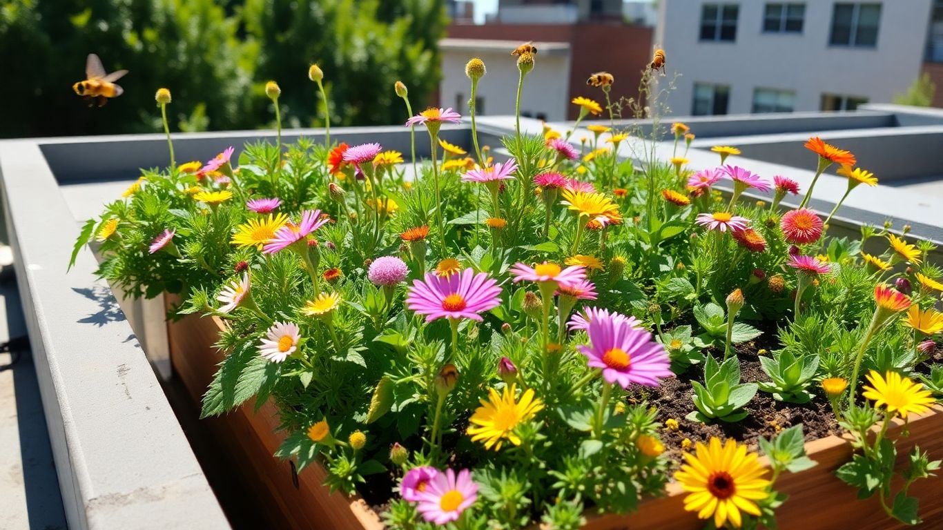 Mini-Garten mit Wildpflanzen und Insekten auf dem Dach.