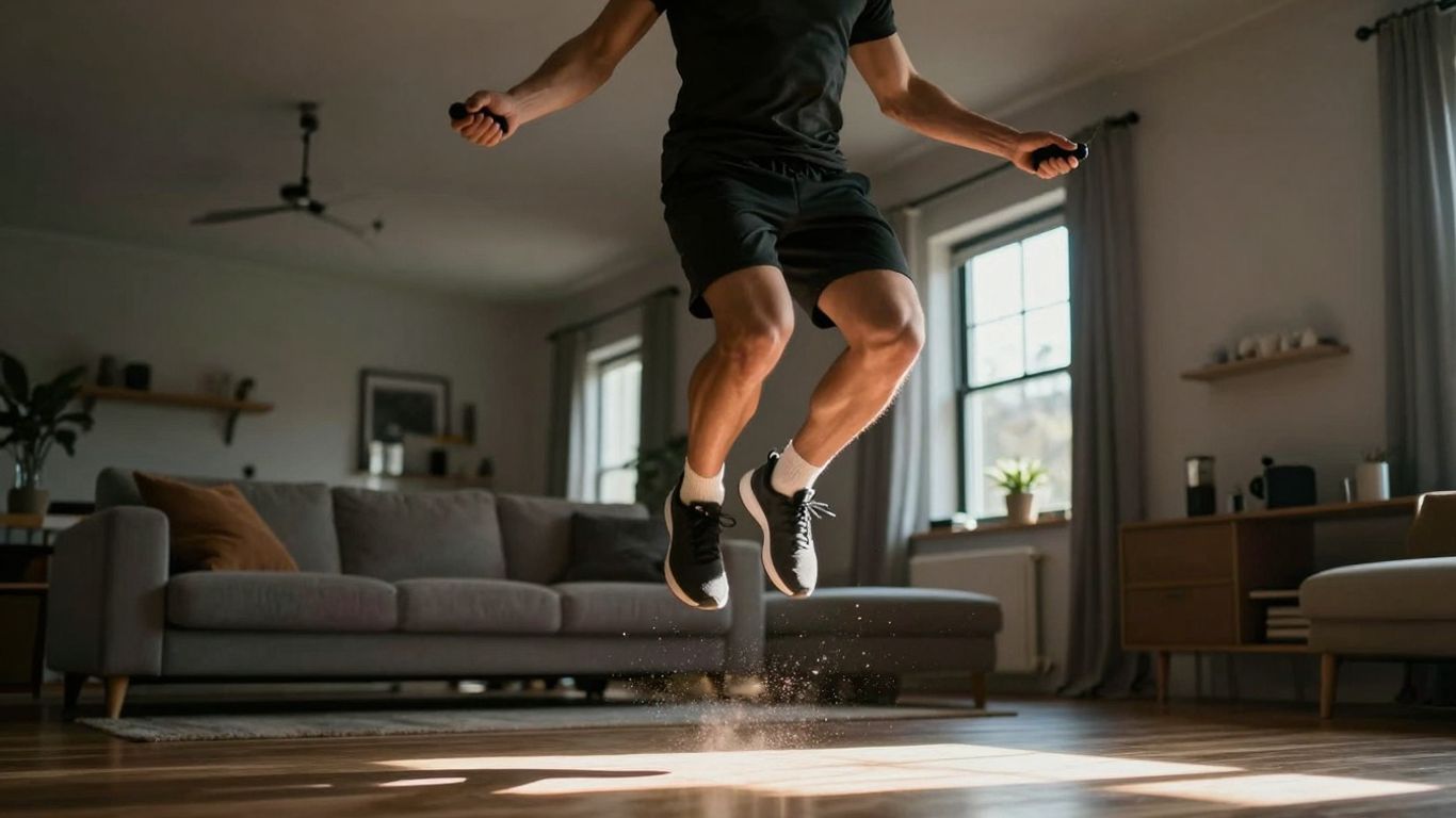 Person jumping rope at home for cardio workout.