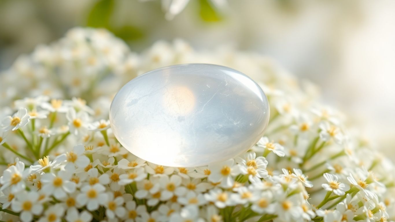 Luminous moonstone with white flowers, soft light.