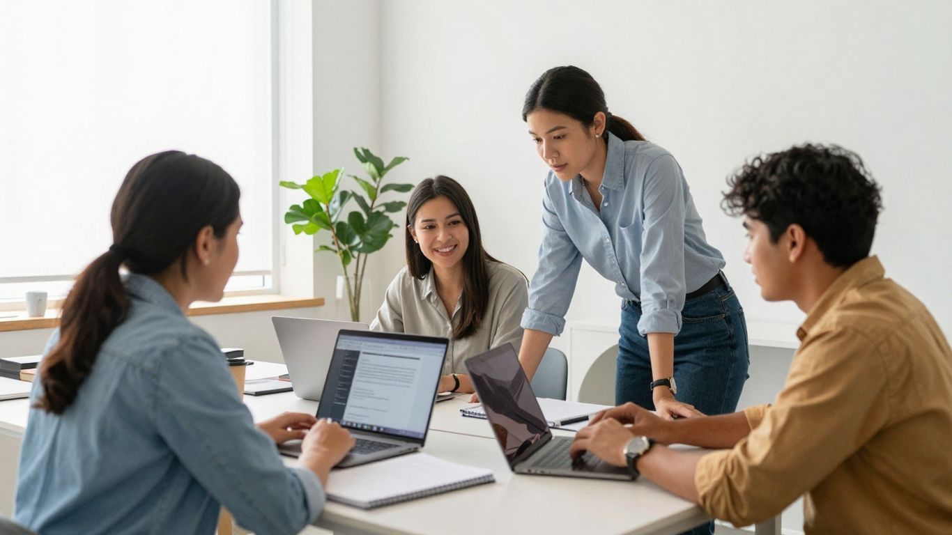 Team collaborating in a modern, bright office space.