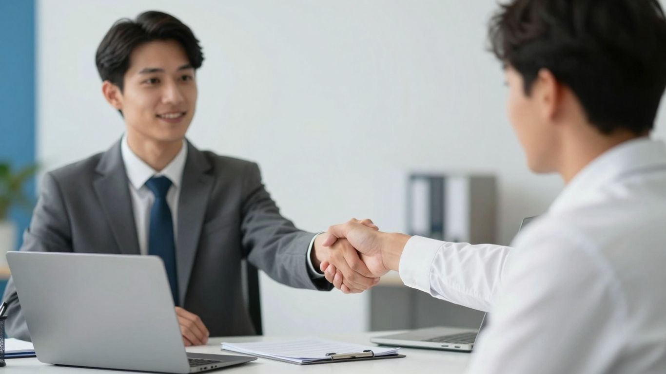 Personalvermittler reicht Hand für einen Händedruck im Büro.
