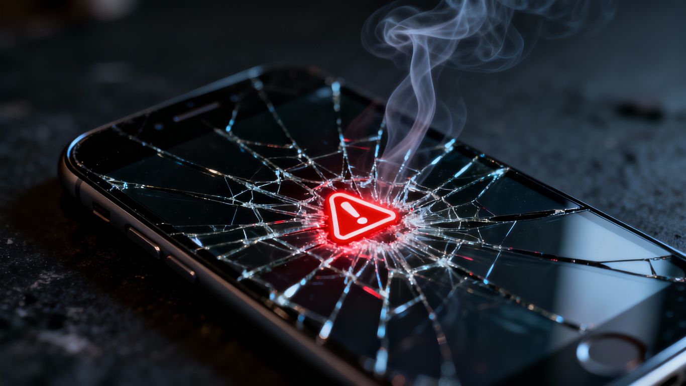 Cracked smartphone screen with a red alert symbol.