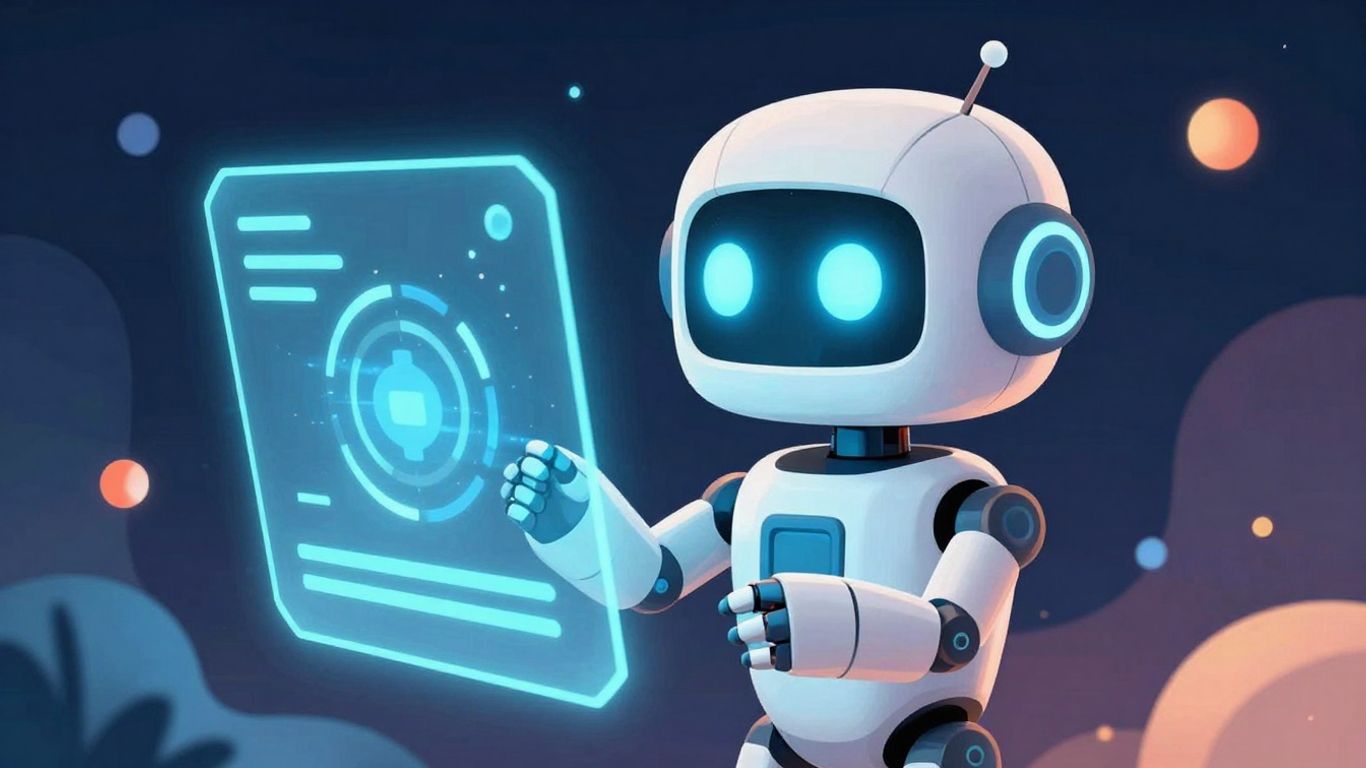 Robot character interacting with a holographic interface.