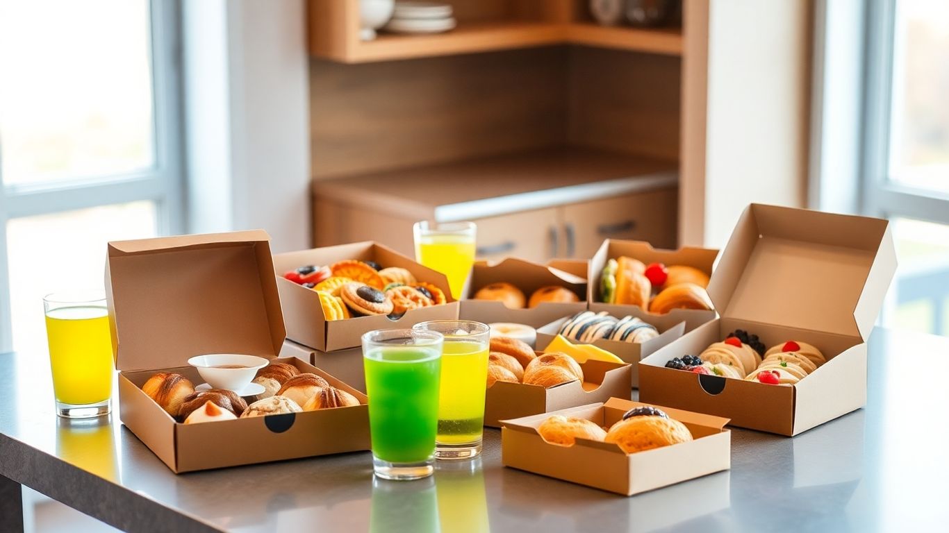 ขนมกล่องหลากหลายบนโต๊ะพร้อมเครื่องดื่มในบ้าน