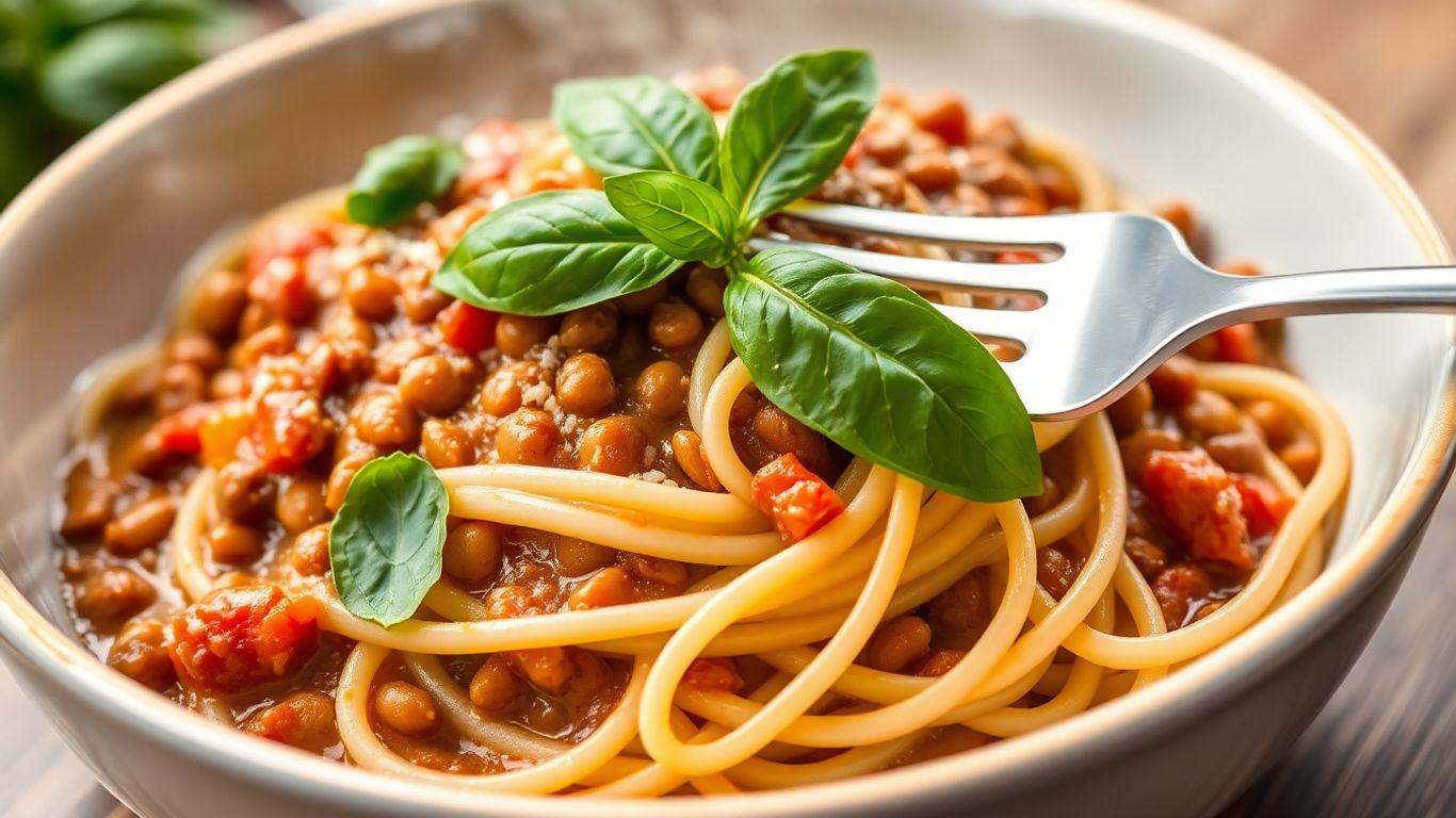 Hearty lentil spaghetti sauce in a bowl with basil.