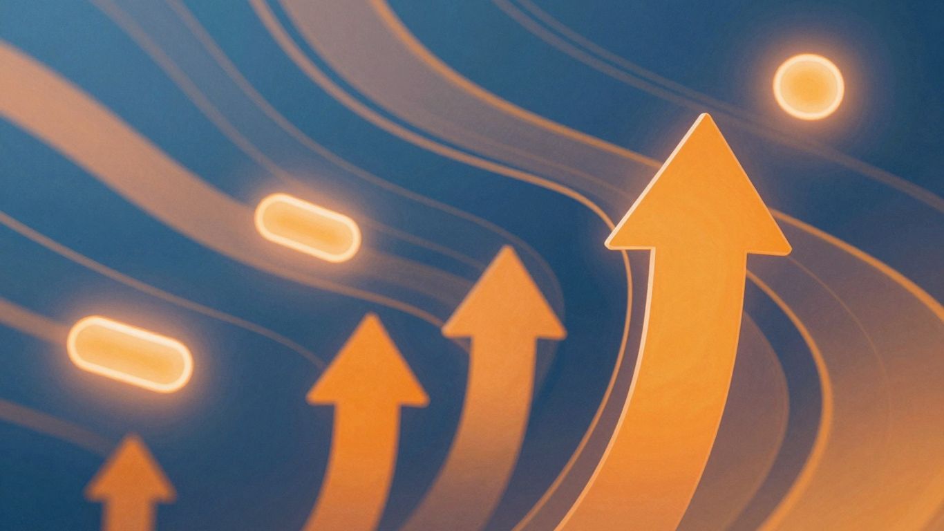 Abstract visual of upward trends and glowing buttons.