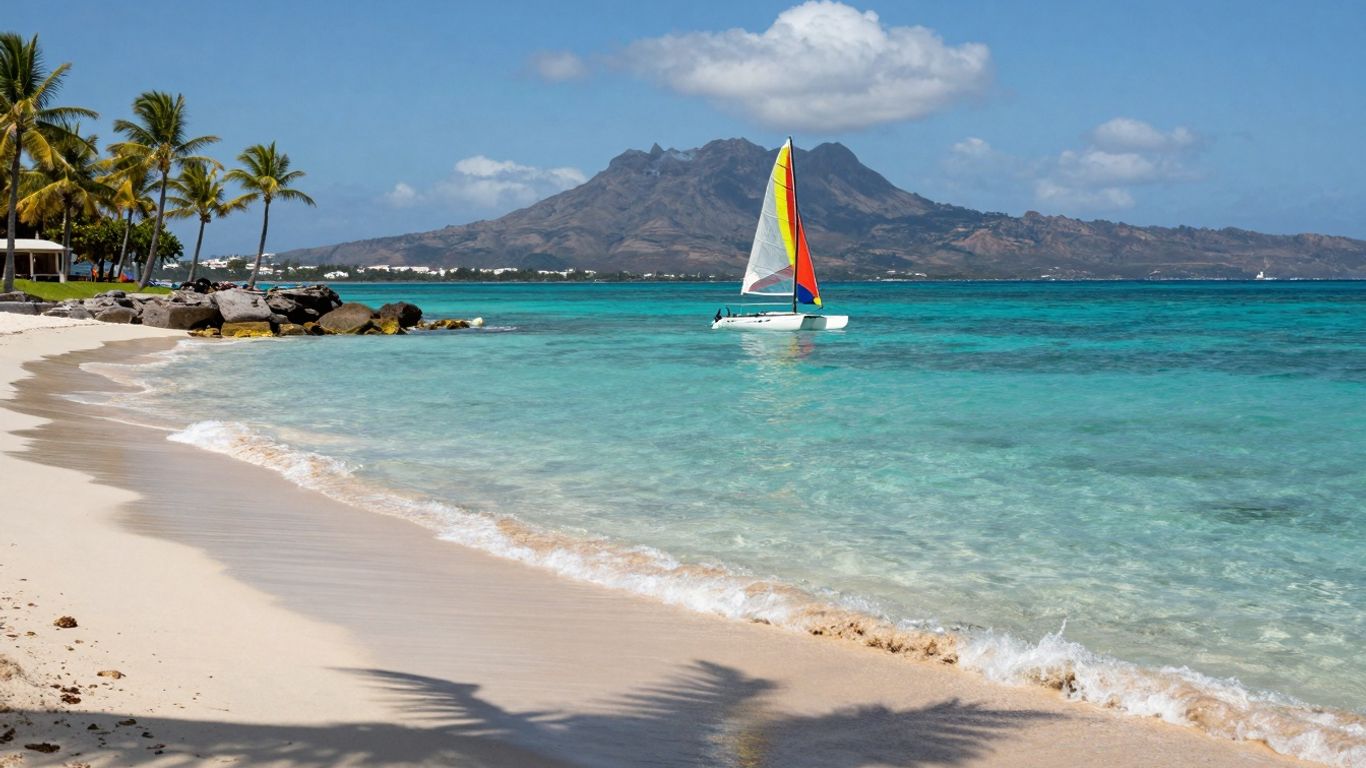 Tropikalna plaża z palmami i górami w tle.