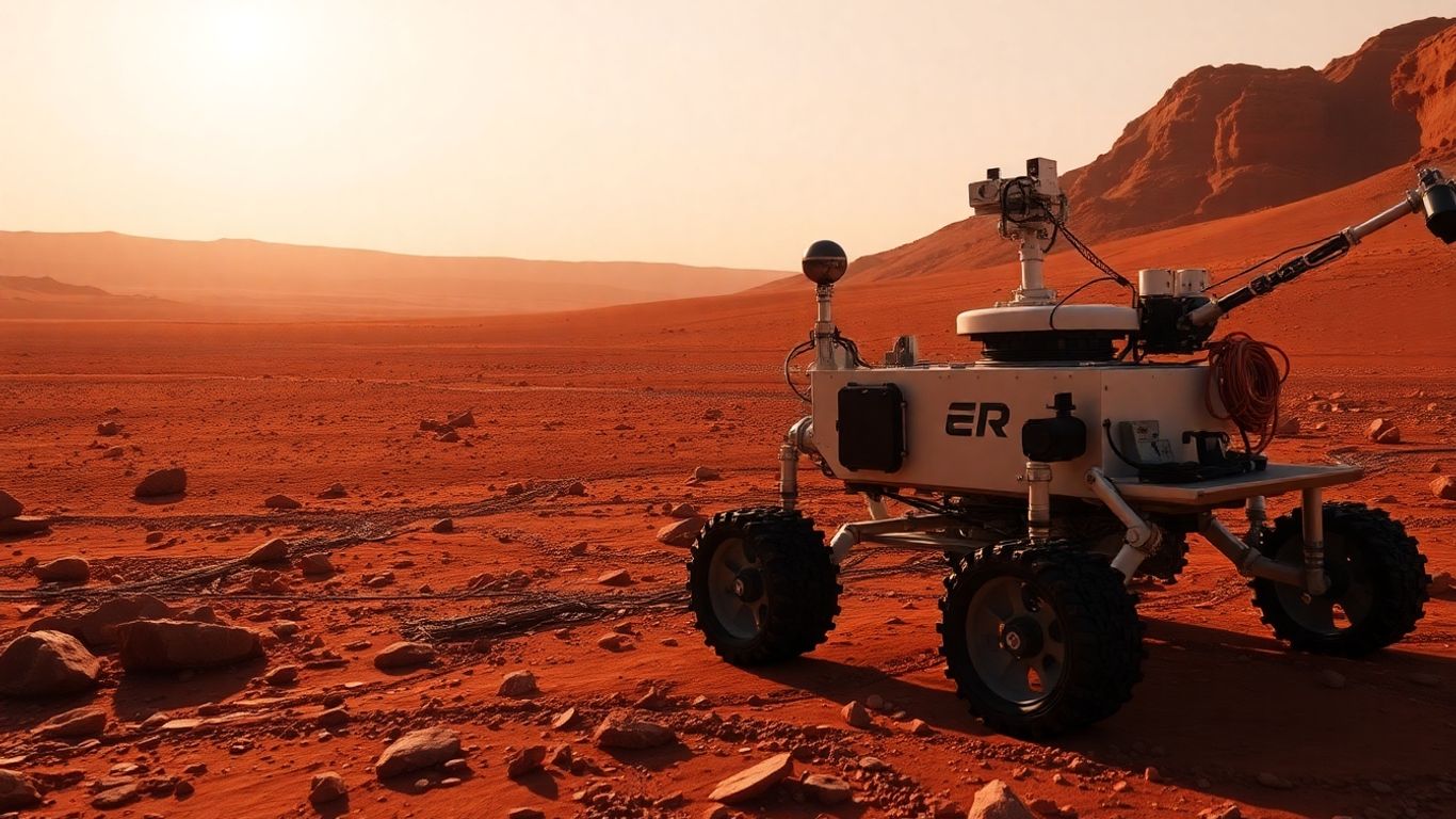 Un robot de la NASA sur Mars explore un paysage rocheux.