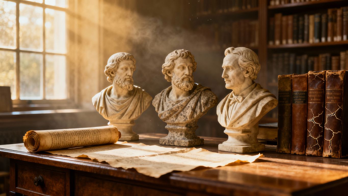 Collage of philosopher busts and ancient books in library.
