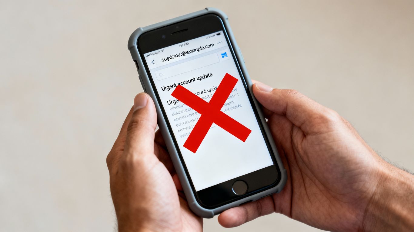 Person holding phone with fake email warning