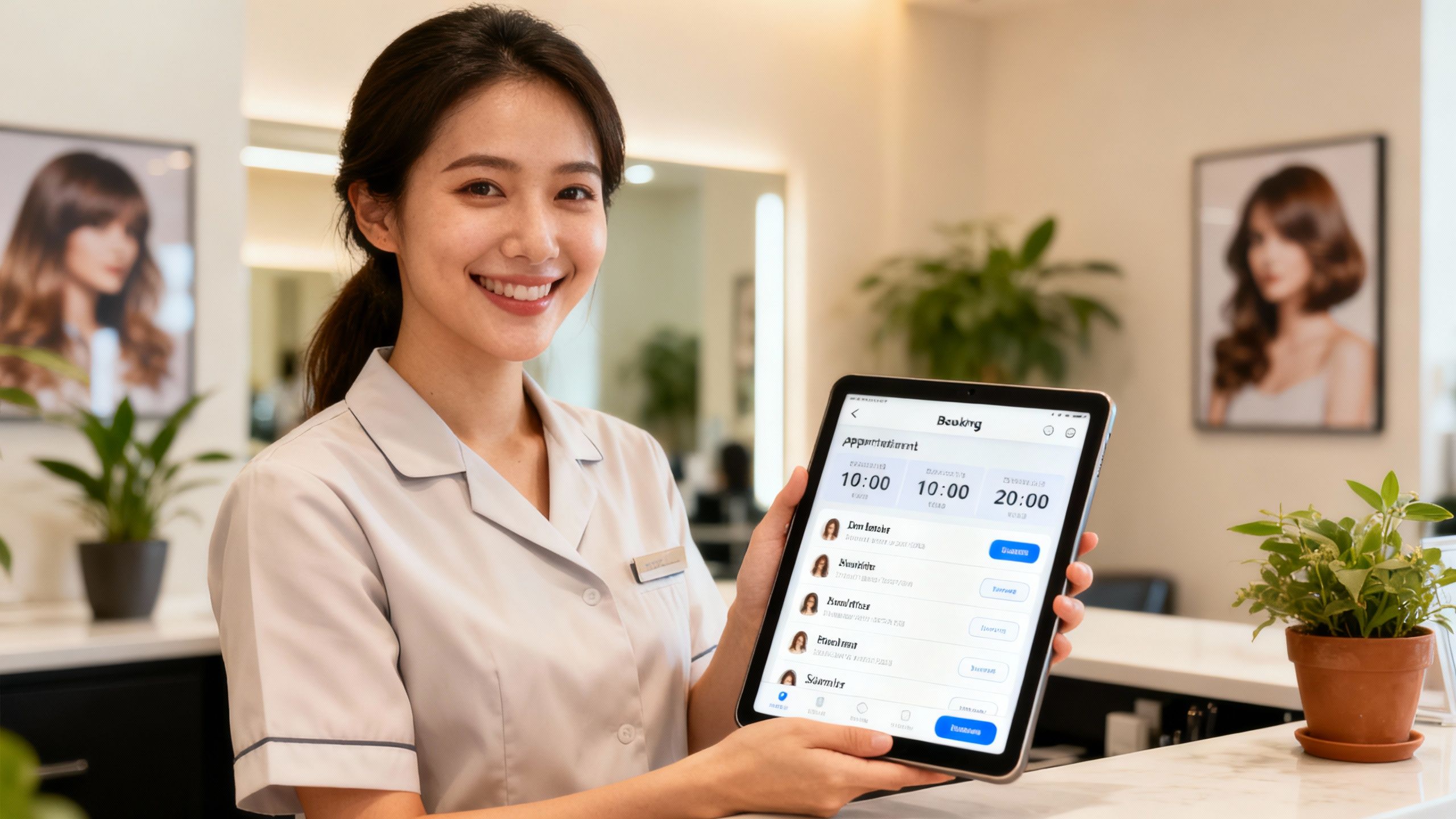 Salon receptionist using a tablet for bookings.