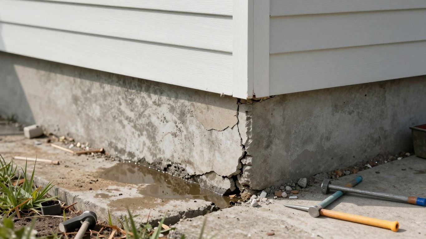 Cracked foundation with a failed DIY repair and water damage.