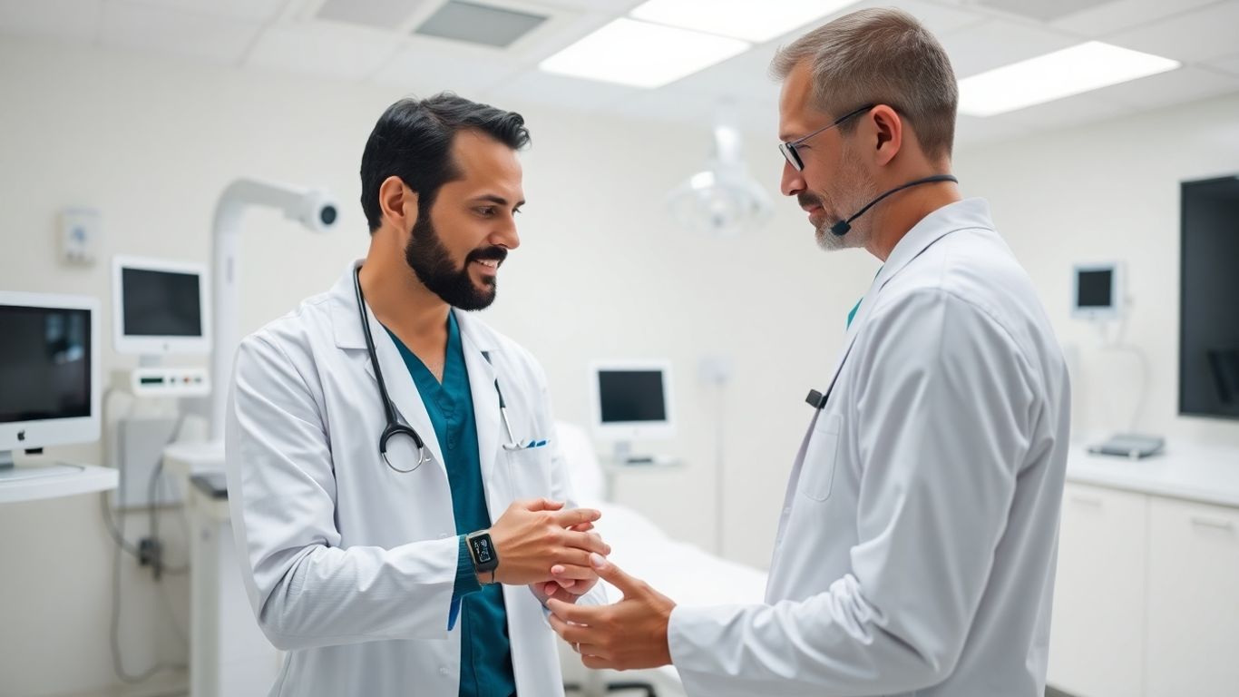 Médico usa monitor moderno de glicose em paciente sentado