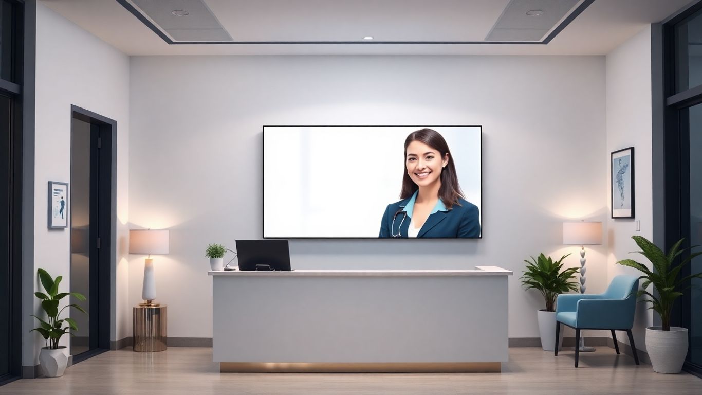 Virtual receptionist on screen in clinic