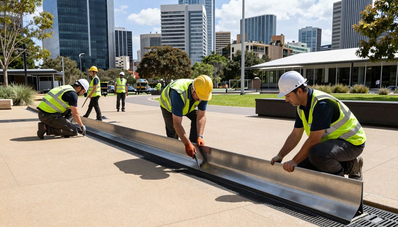 A team of Australian trades installing custom-fabricated stainless steel drainage channels in a new civic plaza