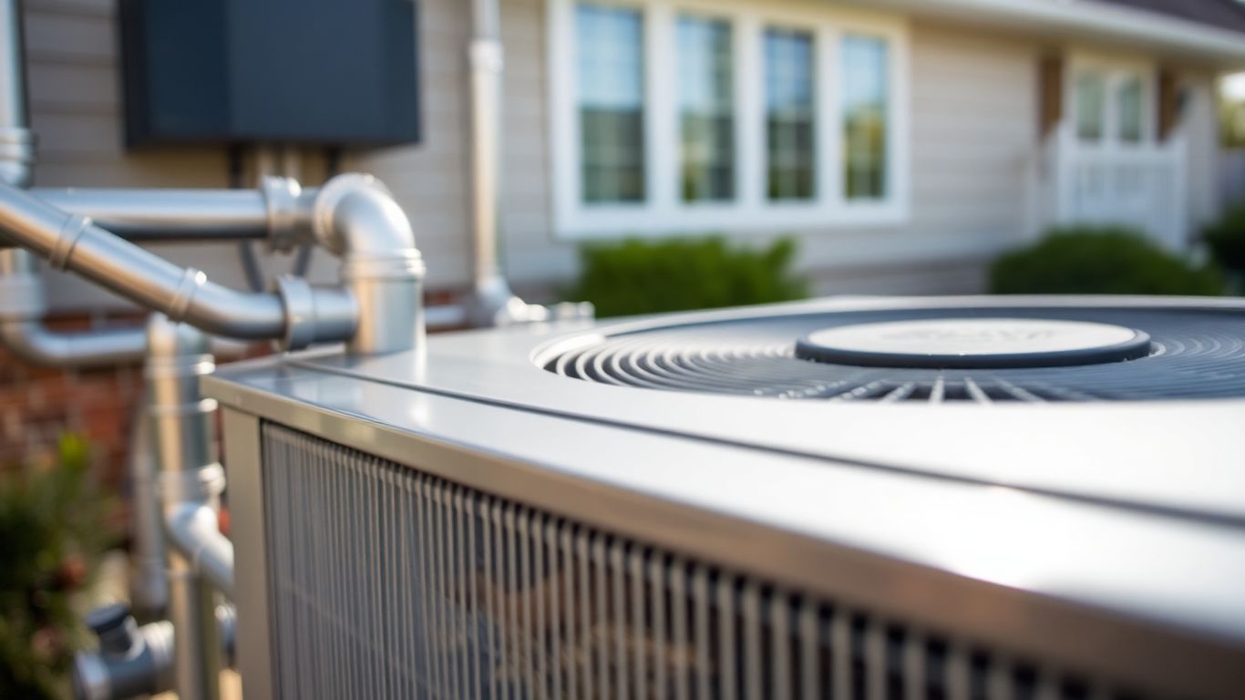 Heat pump with visible pipes and components.