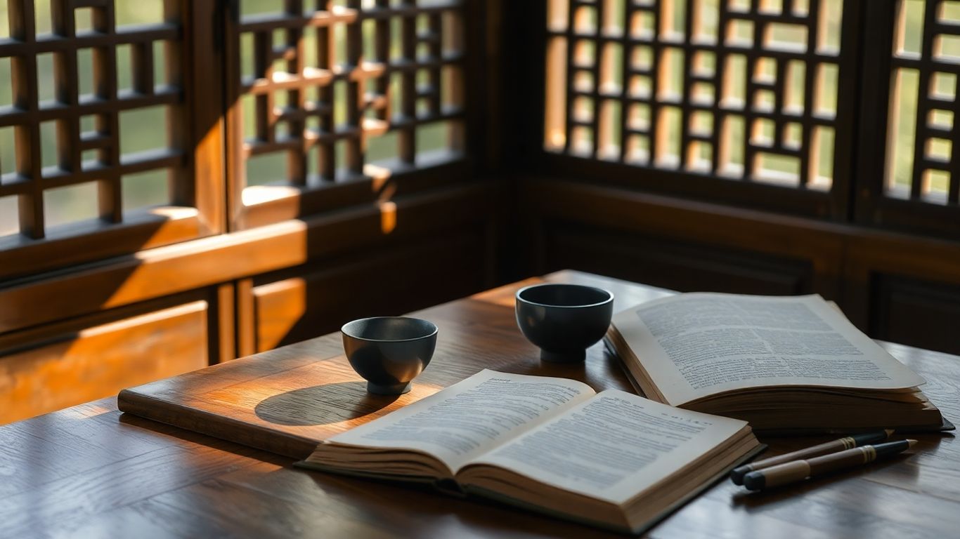 Open ancient book and teacup on wooden table