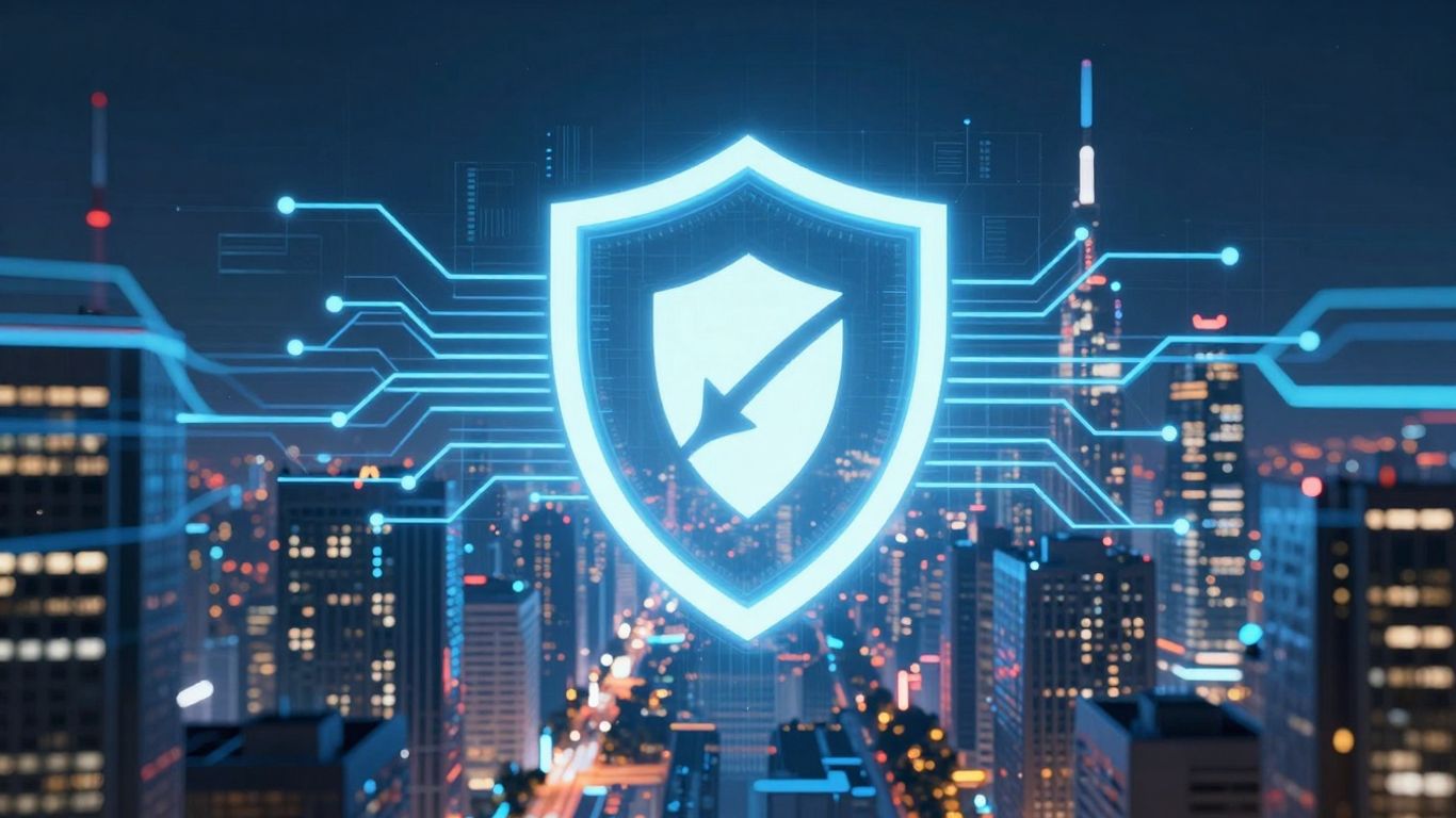 Futuristic cityscape with digital circuits and shield icon.