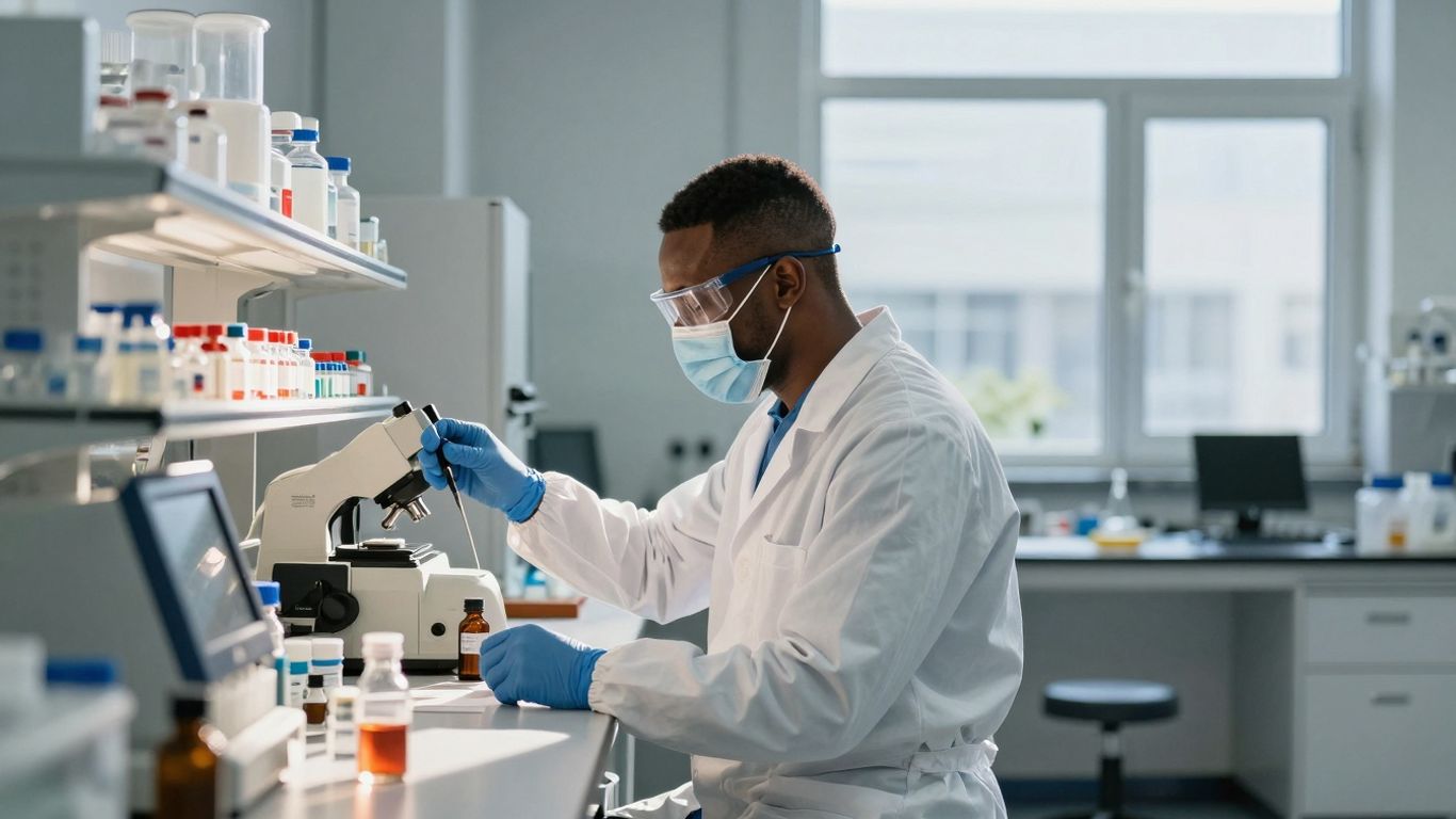 Scientists in a modern lab with advanced equipment.