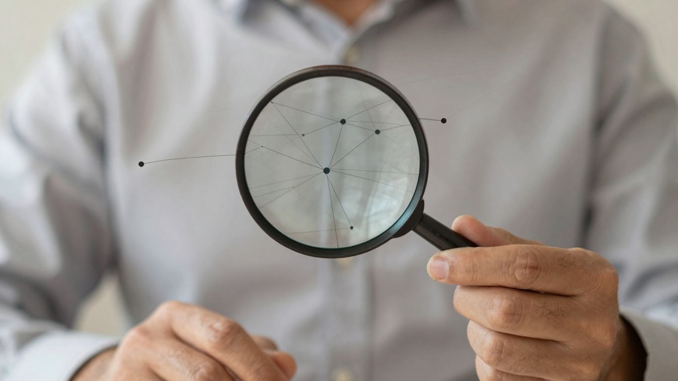 Magnifying glass over complex network of lines.