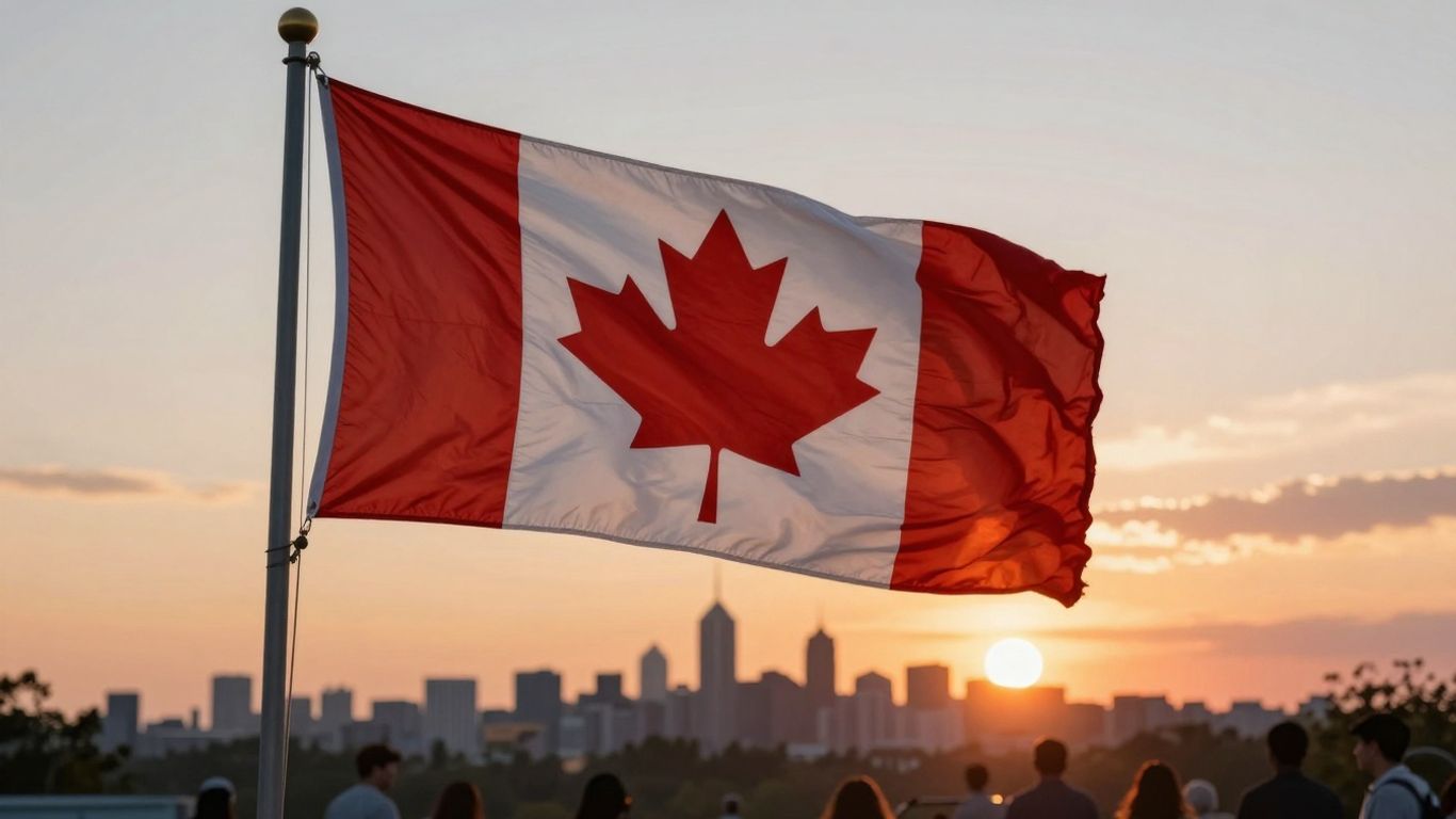 Canadian flag with diverse people and landscapes.