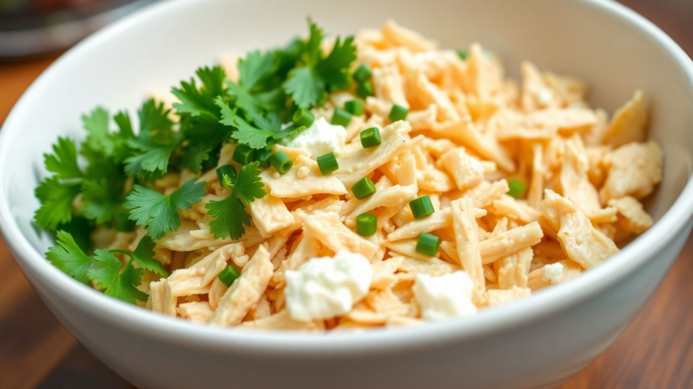 Frango desfiado cremoso com ervas frescas em uma tigela.