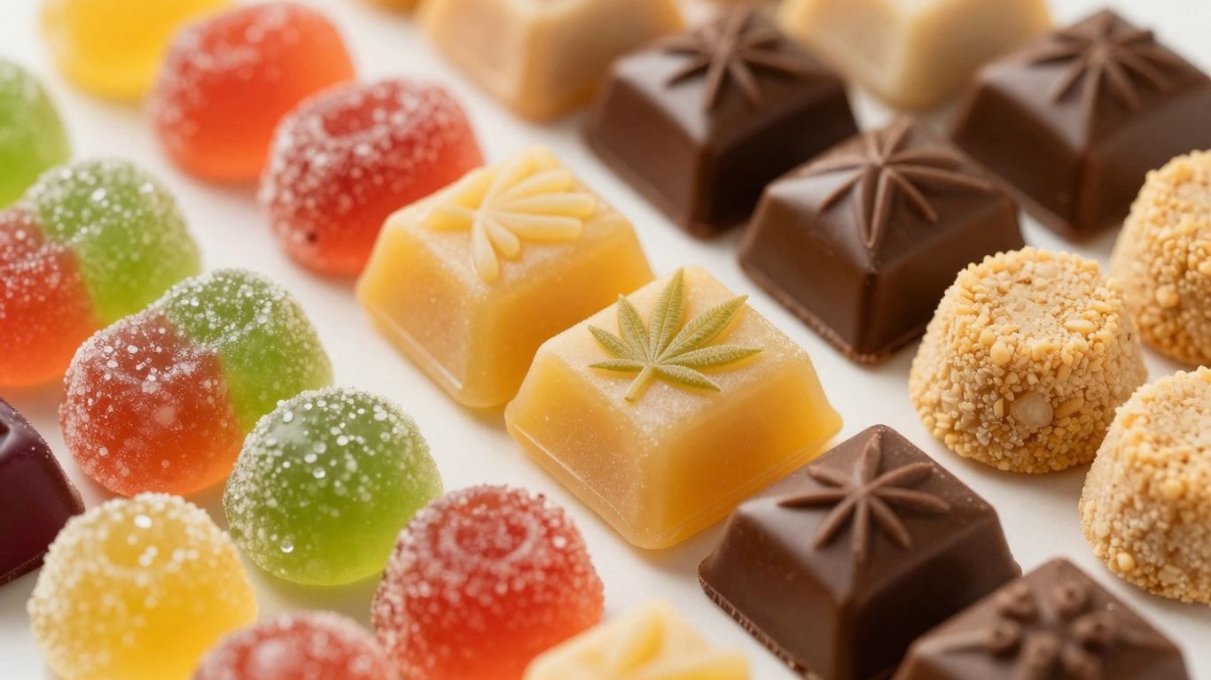 Assorted colorful THC edibles like gummies and chocolates.