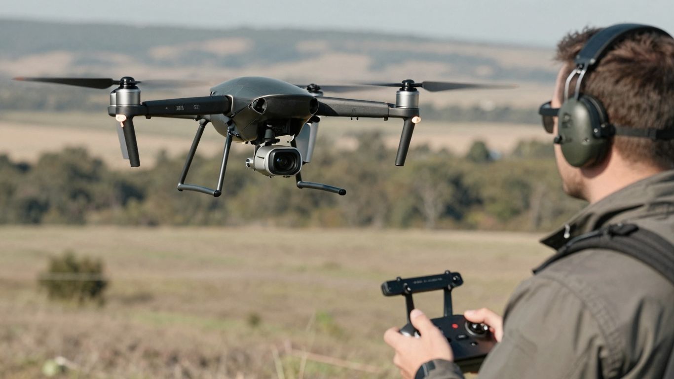 Drone pilot operating aircraft in the sky.