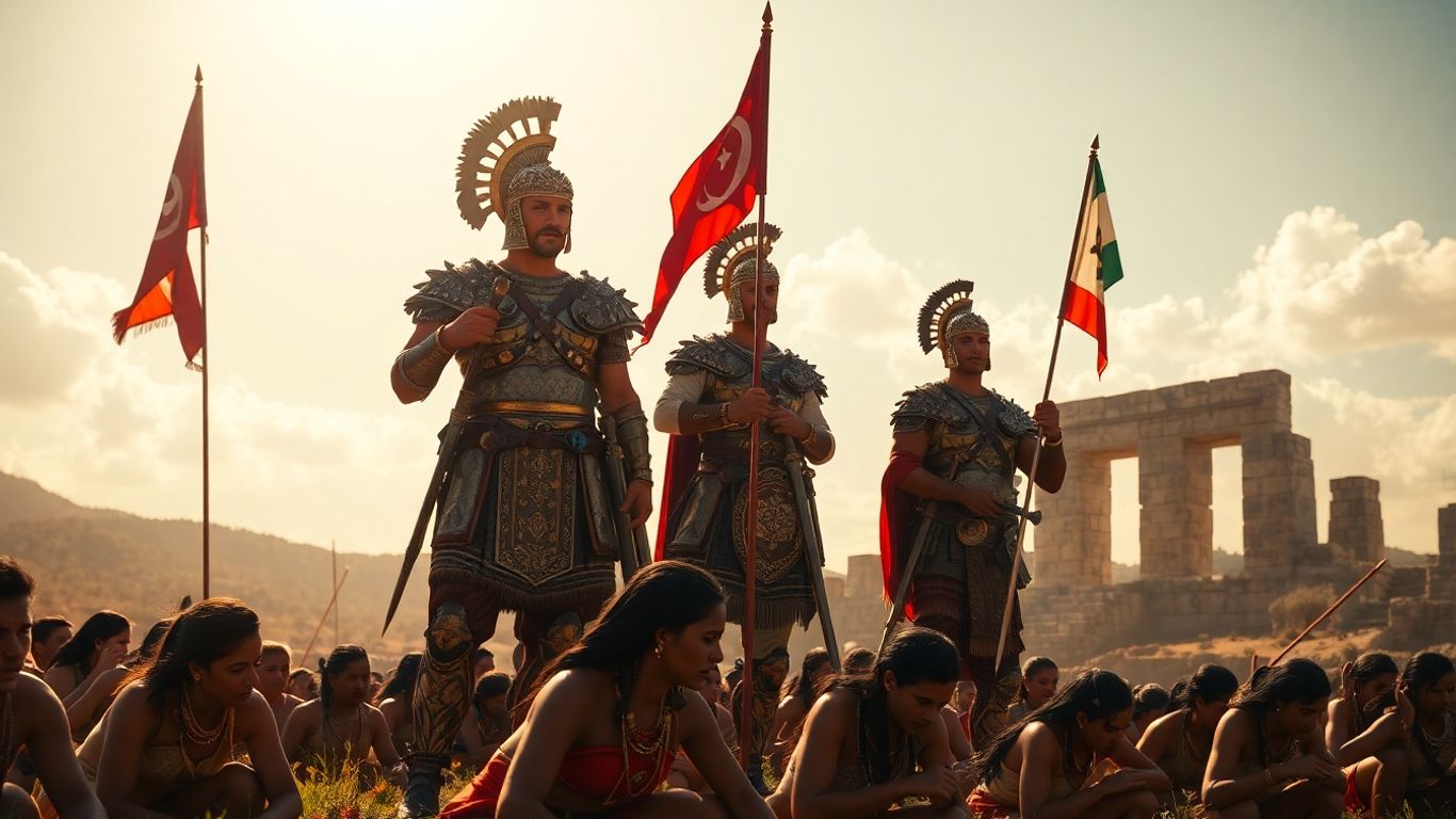 Spanish conquistadors and indigenous Mexicans amid ancient ruins.