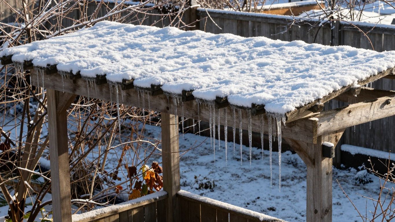 Snow-covered pergola roof with icicles.
