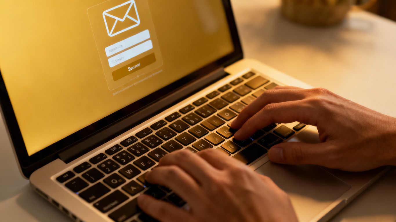 Mãos digitando em um laptop com interface de e-mail.