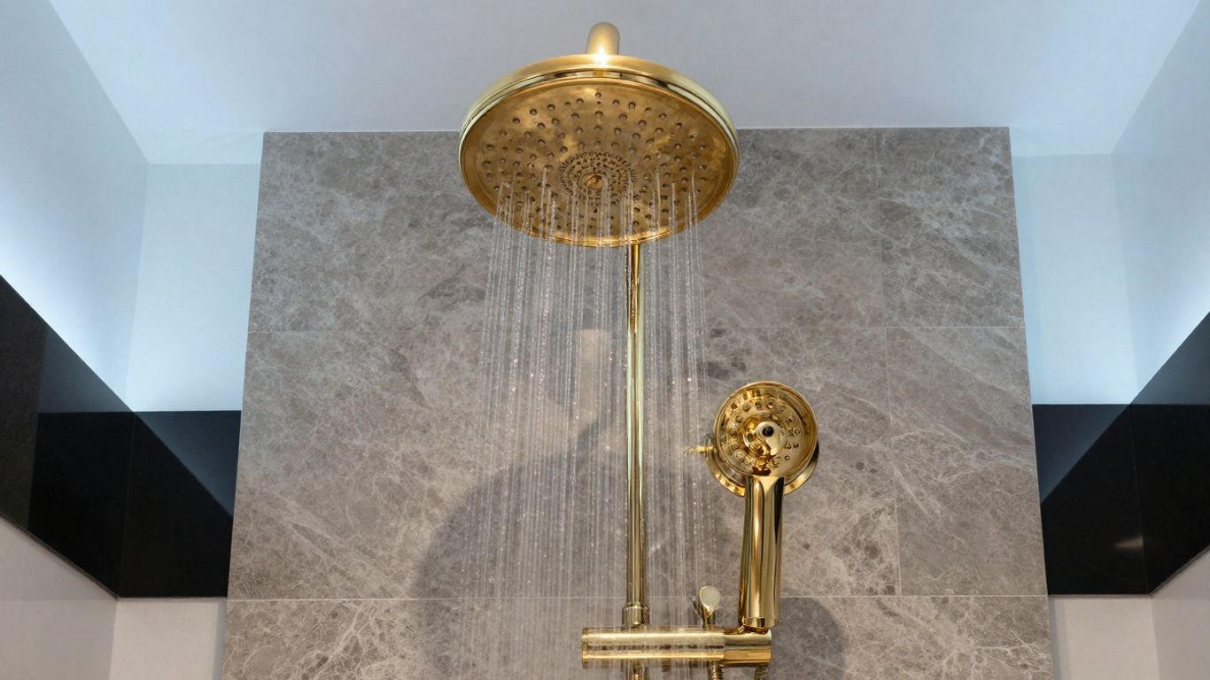 Elegant gold shower set in a modern bathroom.