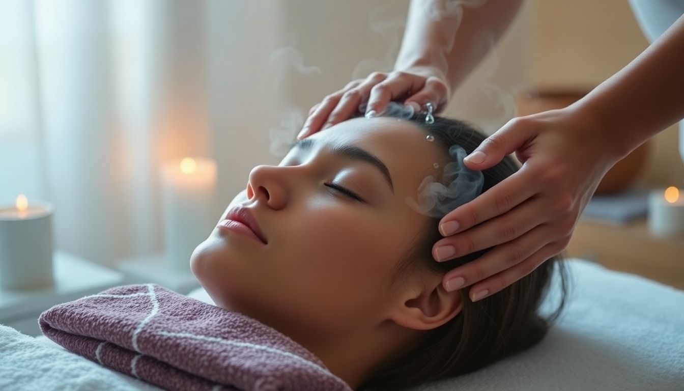 Relaxing head massage in a tranquil spa environment.