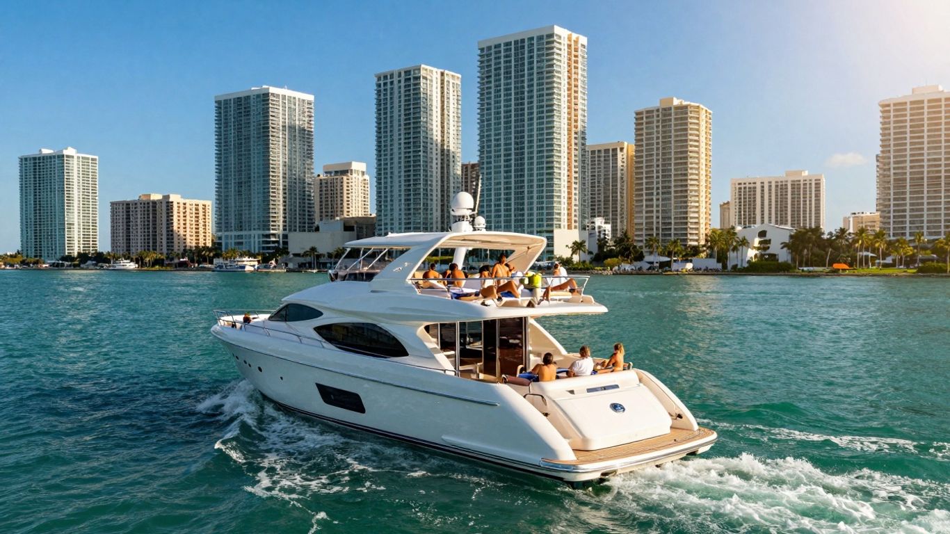 Miami boat rental with yacht on turquoise water and city skyline.