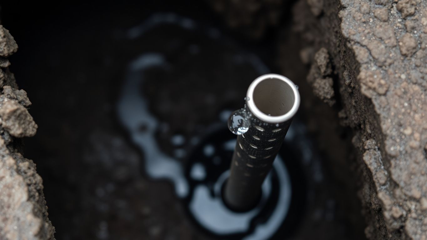 Close-up of a well point in wet soil.