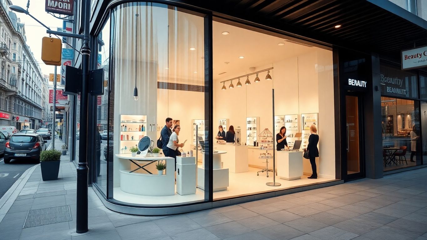 Salon de înfrumusețare modern, stradă urbană aglomerată