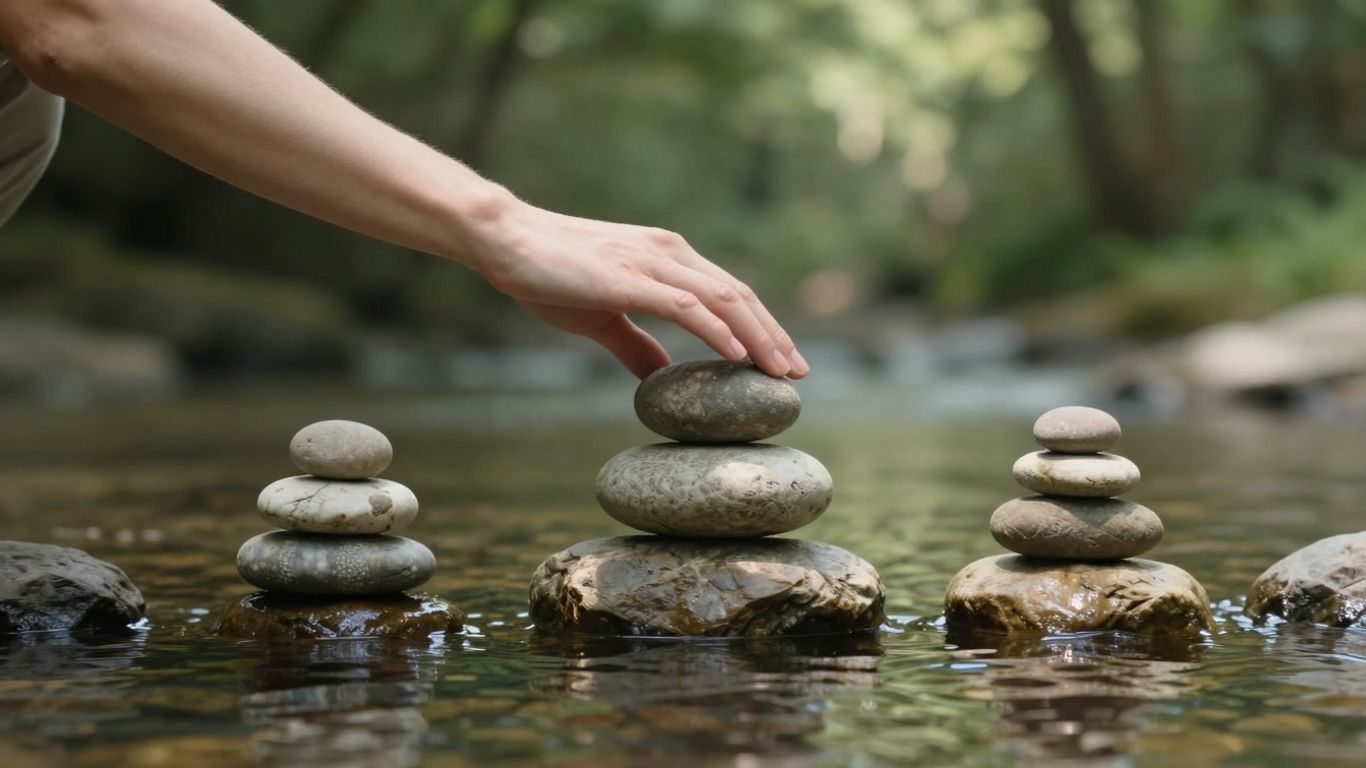 Persoană echilibrând pietre pe apă, simbolizând pacea.