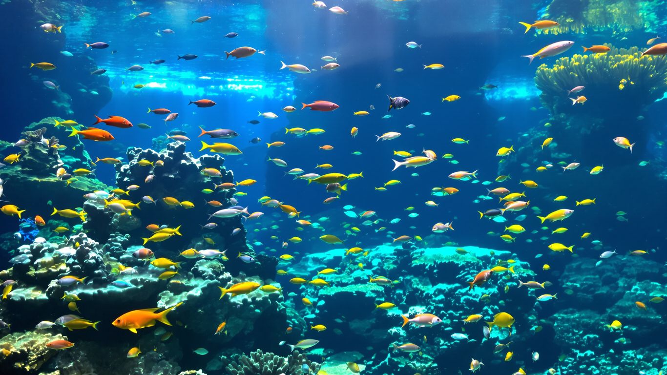 Colorful fish swim through coral in a large aquarium tank.