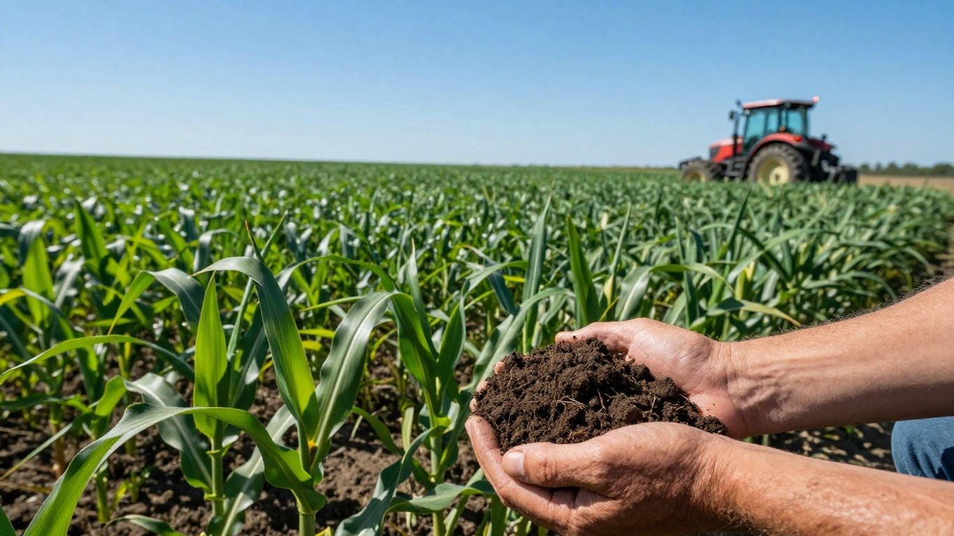 Câmp agricol verde cu mâini ce țin pământ fertil.
