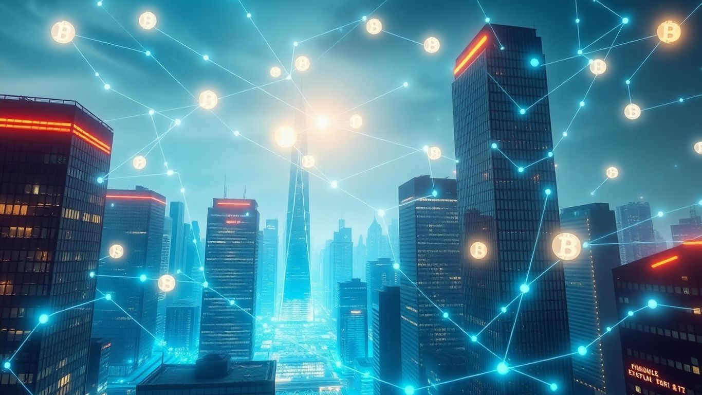 Blockchain network connecting financial buildings in a futuristic city.