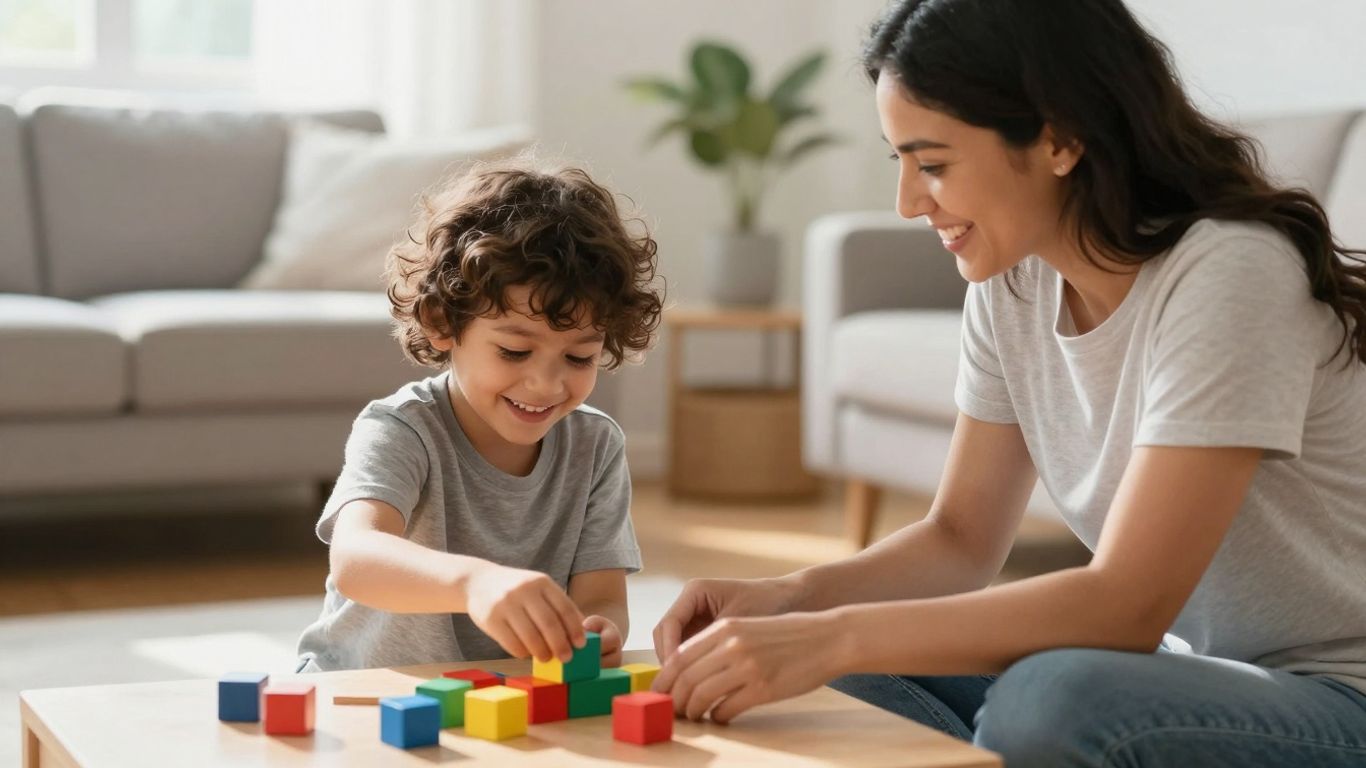 Child and therapist interacting with colorful blocks.