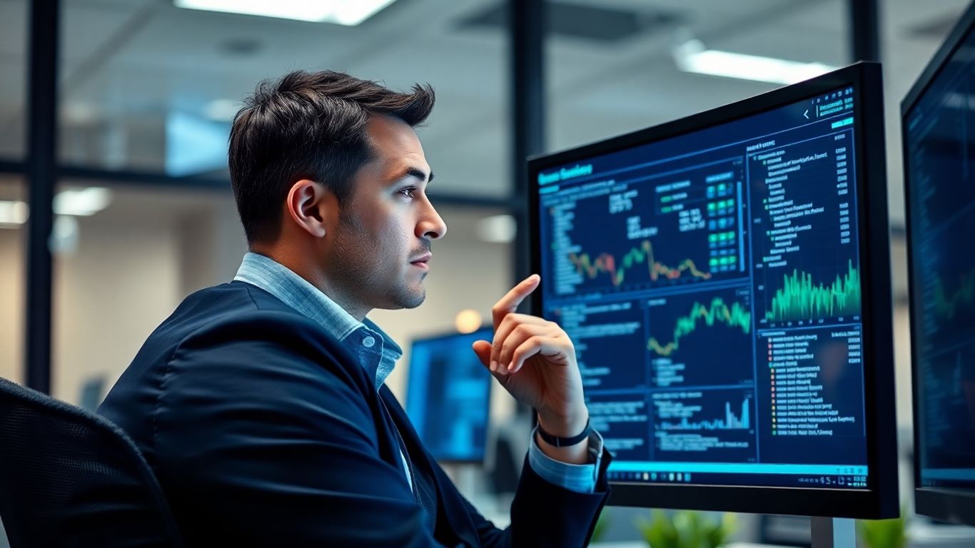 Especialista de riesgo tecnológico analizando datos en pantalla.