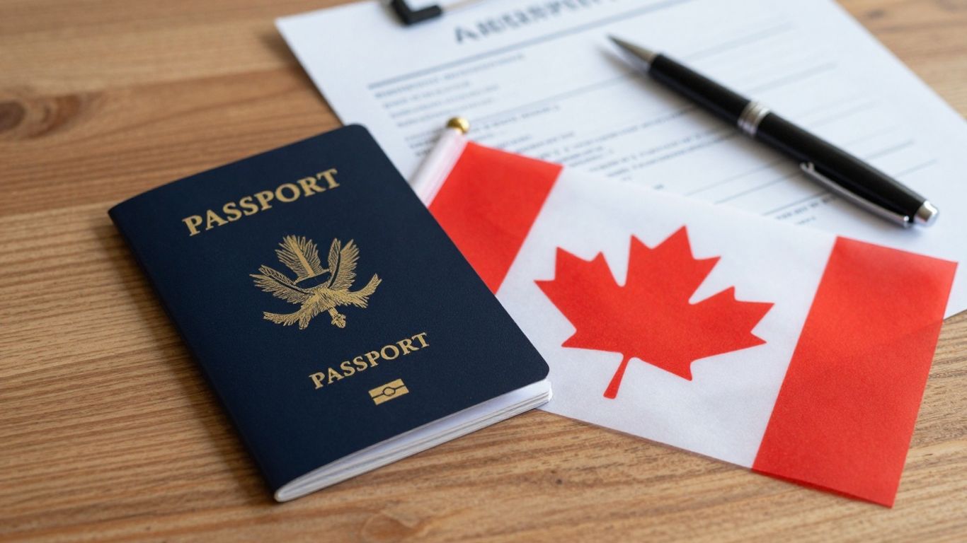 Canadian passport and flag for travel consent.