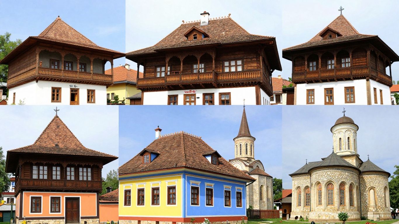 Stiluri arhitecturale tradiționale românești, case și biserici fortificate.